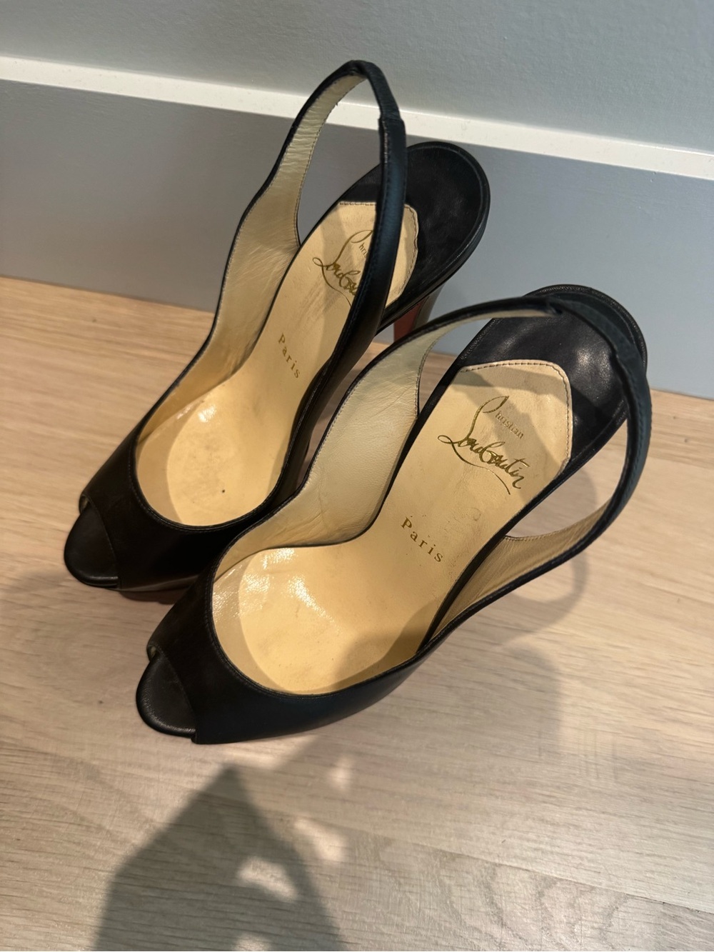 Christian Louboutin Black Leather Peep-Toe Platform Sandals - Picture 4 of 4